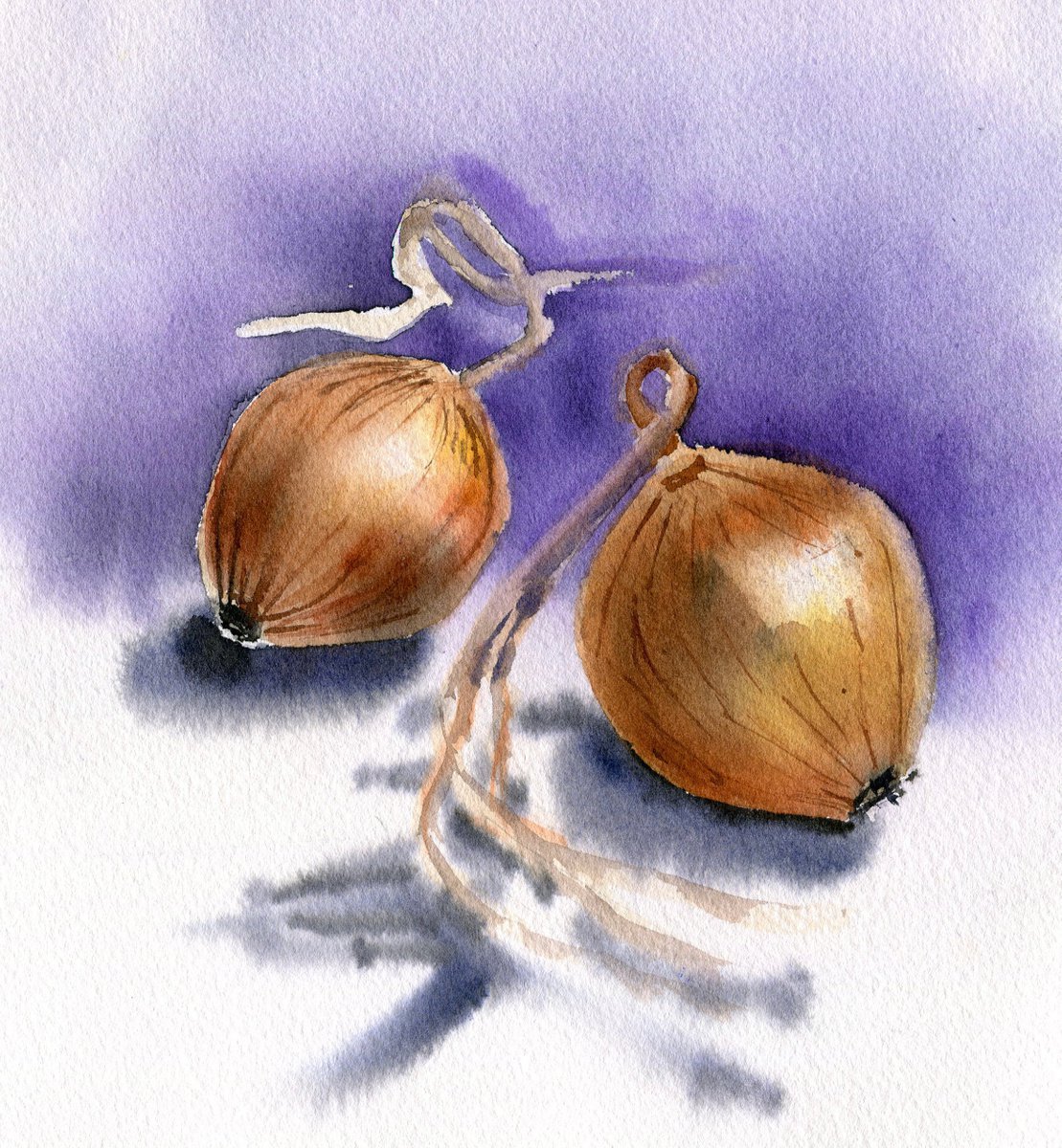 Onion original watercolor painting, beige and orange, still life, gift, medium size by Irina Povaliaeva