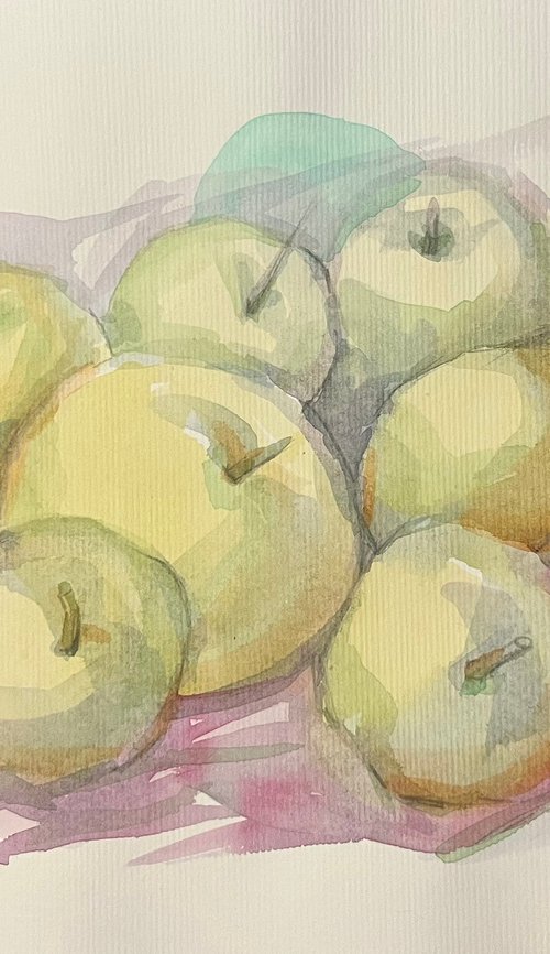 First apples 2023, fruit painting, original by Roman Sergienko