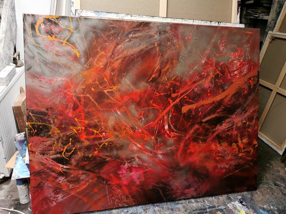 Large scale 170x130 cm stunning energy intense red colors fantastic painting flying dreams by O KLOSKA