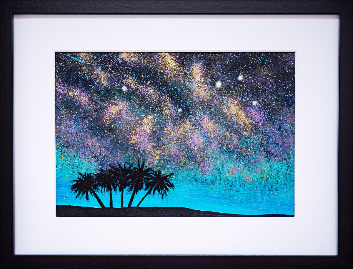 NIGHT PALMS - framed night landscape, colorful sky, palm trees, Miami skyline by Rimma Savina