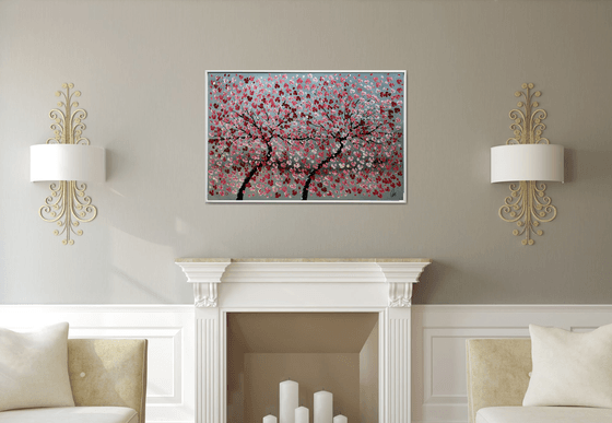 Twins - acrylic abstract painting cherry blossoms nature painting framed canvas wall art