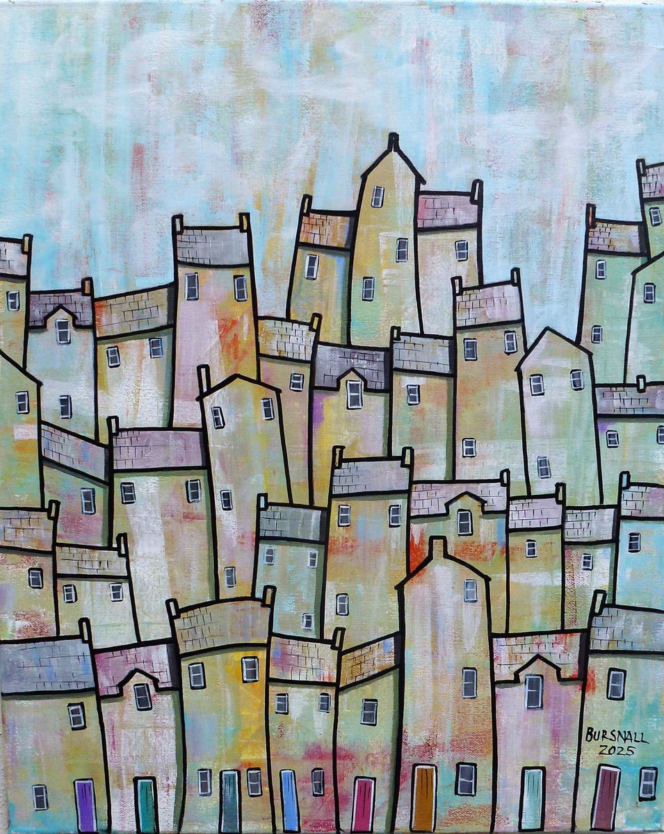 Naive Cityscapes Acrylic Painting By Paul Bursnall, 18 X 22", Higher Place, Original Artwork