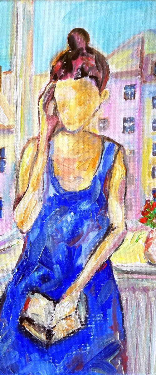 Faceless Woman Reading a Book Near the Window - Original Oil on Canvas 10 by 8" (25x20 cm) by Katia Ricci