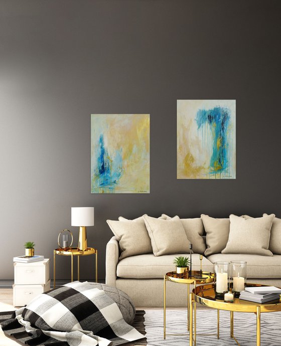Large Abstract Painting. Modern Blue and Gold Diptych Art. 61 x 91 cm