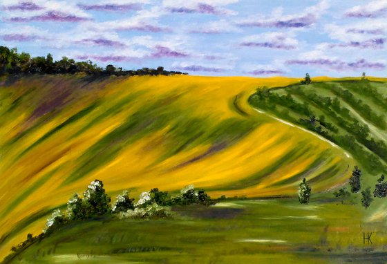 Tuscany Painting Landscape Original Art Sunflower Field Oil Artwork Home Wall Art 20 by 14" by Halyna Kirichenko