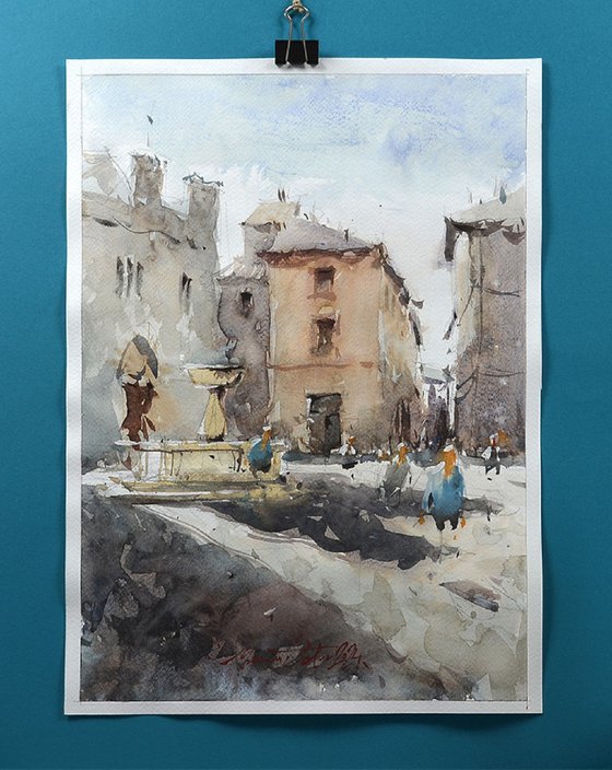 Italian Old Village, Bevagna,  Watercolor Landscape