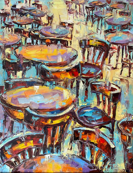 Outside cafe after rain. Pastel mood