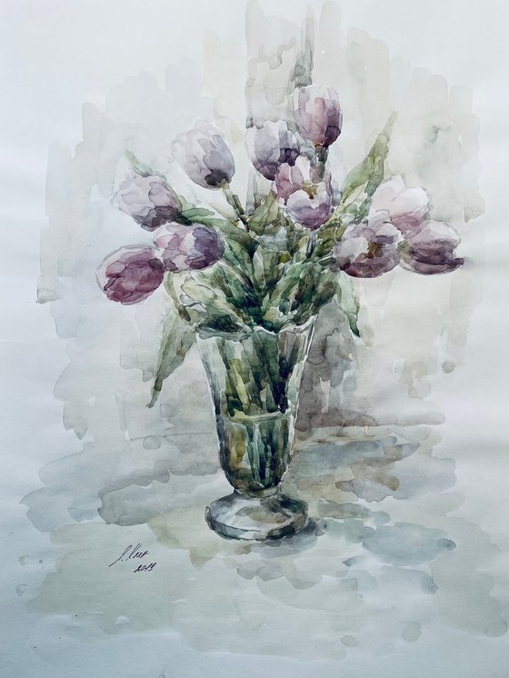 Bouquet of tulips. Original watercolour painting.