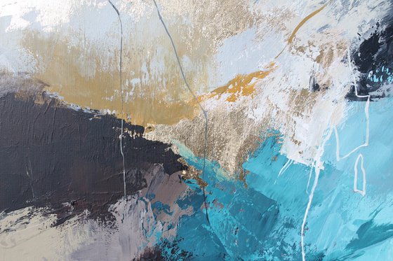 "Blue Rime" Abstract teal gray gold art
