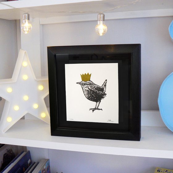 King - wren linoprint - Framed ready to hang