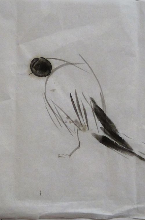 Minimalist Bird, ink painting on chinese paper, 33x53 cm by Frederic Belaubre