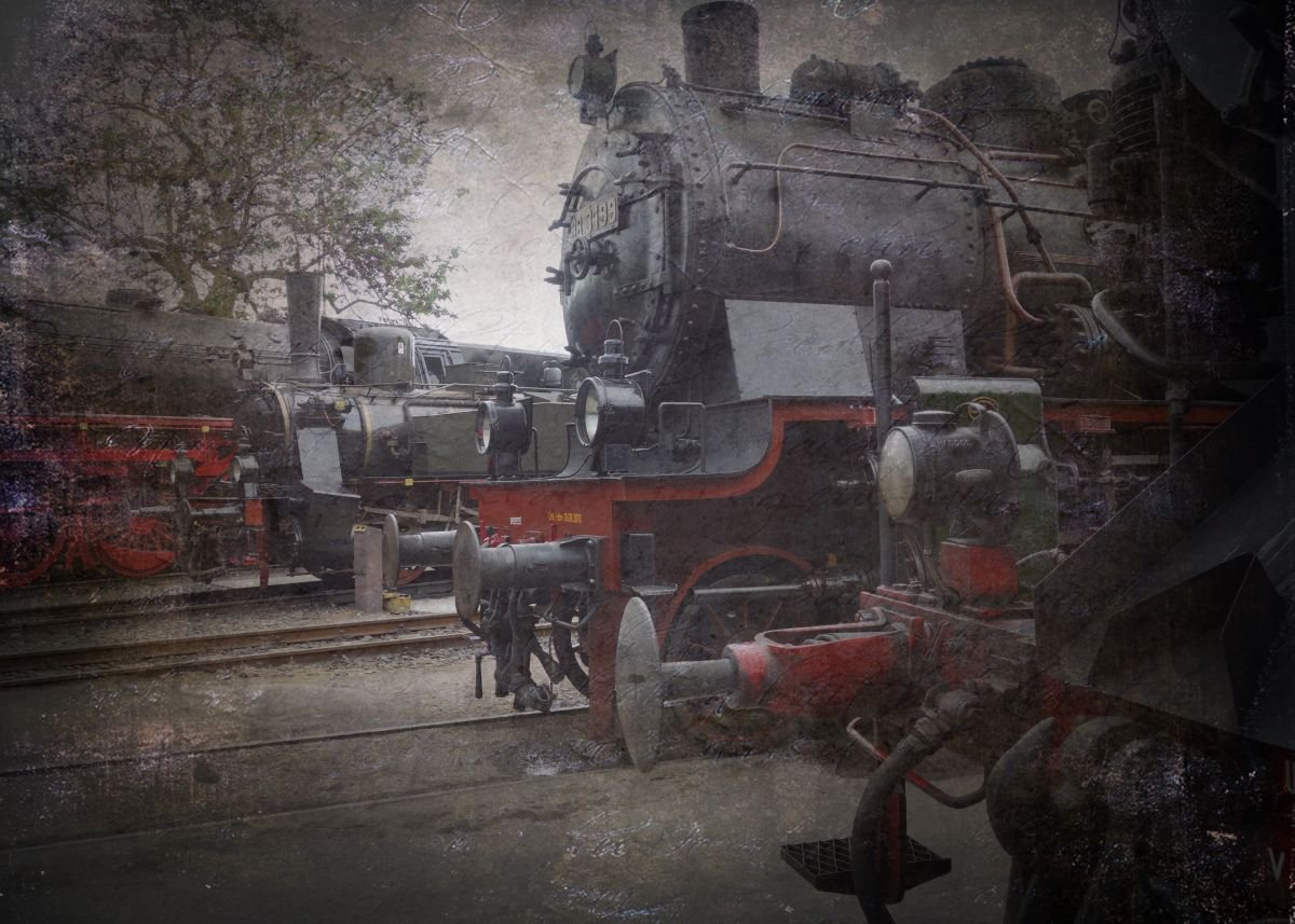 Old steam trains in the depot 2 - print on canvas 60x80x4cm by Kuebler