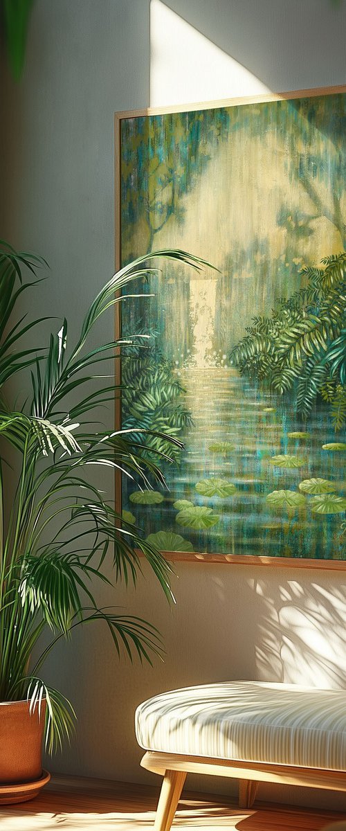 Waterfall Among Green Ferns by Ekaterina Prisich