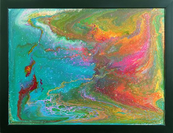 "Waterworld, Coming Soon" - FREE USA SHIPPING - Original Abstract PMS Fluid Acrylic Painting, Framed - 26 x 20 inches