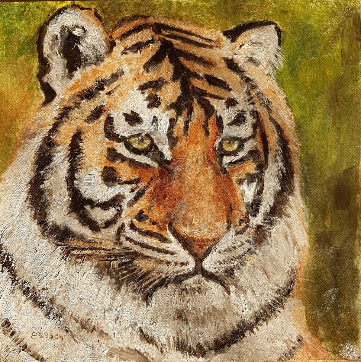 Impressionistic Animal Oil Painting By Els Driesen, 13 X 13, Bengal Tiger, Original Artwork