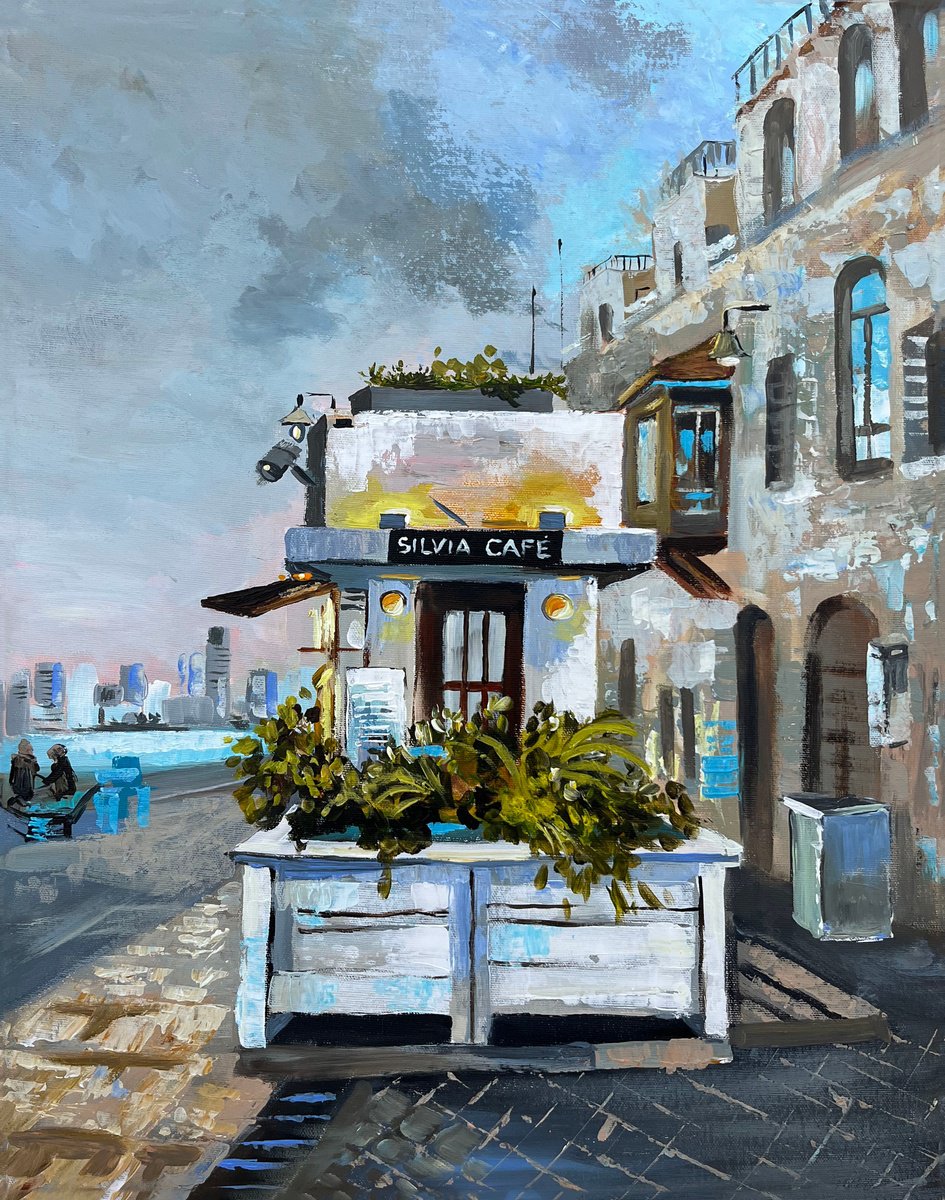 Impressionistic Cityscapes Acrylic Painting By Maria Kireev, 16 X 20", Coastal Cafe, Original Artwork