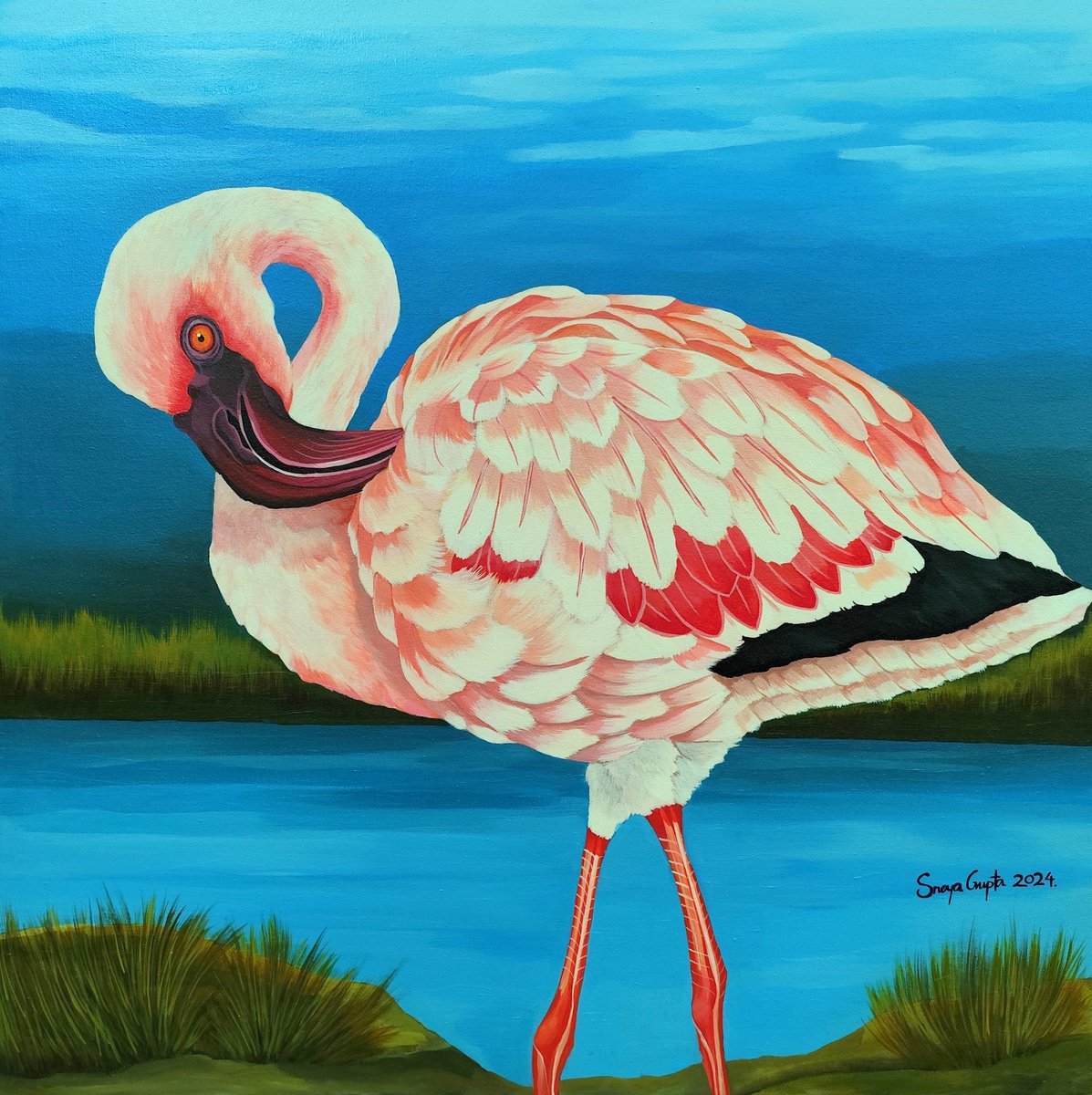Photorealistic Animal Acrylic Painting By Sreya Gupta, 30 X 30", Flamboyance, Original Artwork