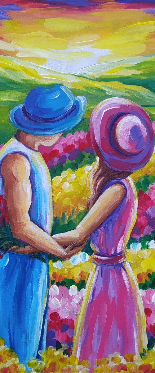 Love story - peace, acrylic painting, tulips, love, lovers, girl, woman, flowers, tulips field by Anastasia Kozorez