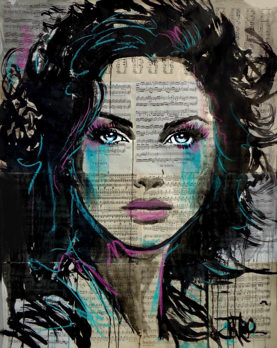 Expressive Portrait Ink Drawing By Loui Jover, 35 X 43", Velvet, Original Artwork