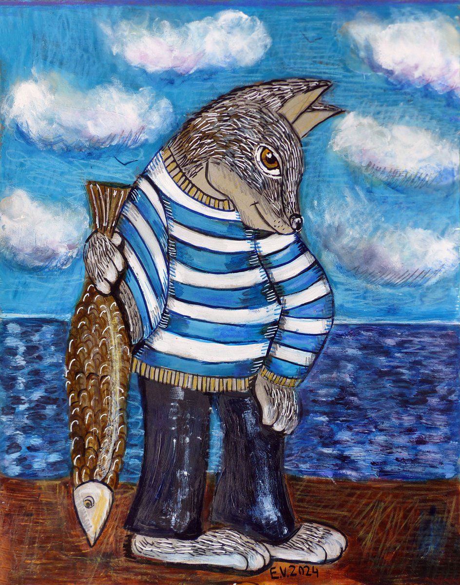 Surrealistic Animal Painting By Elizabeth Vlasova, 11 X 14, I Caught A Fish, Original Artwork