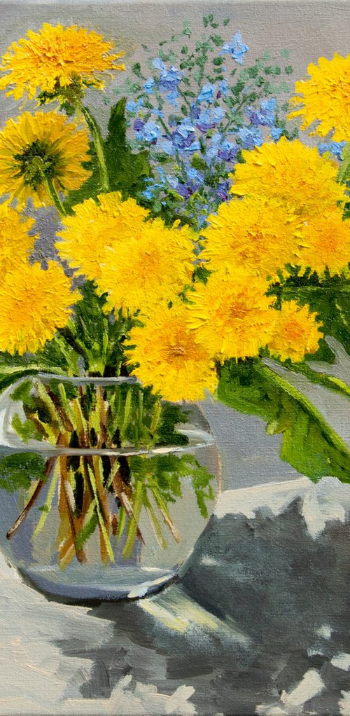 Yellow dandelions. Oil painting. Floral still life. Original Art. 12 x 14 by Tetiana Vysochynska