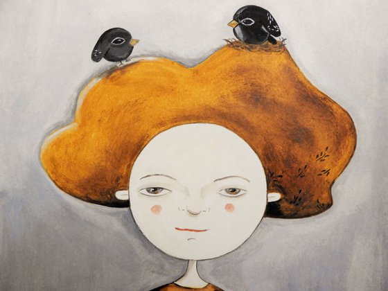 The woman with a couple of blackbirds on her hair