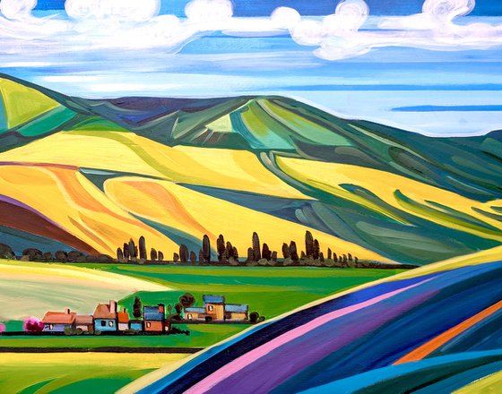 Golden fields and mountains