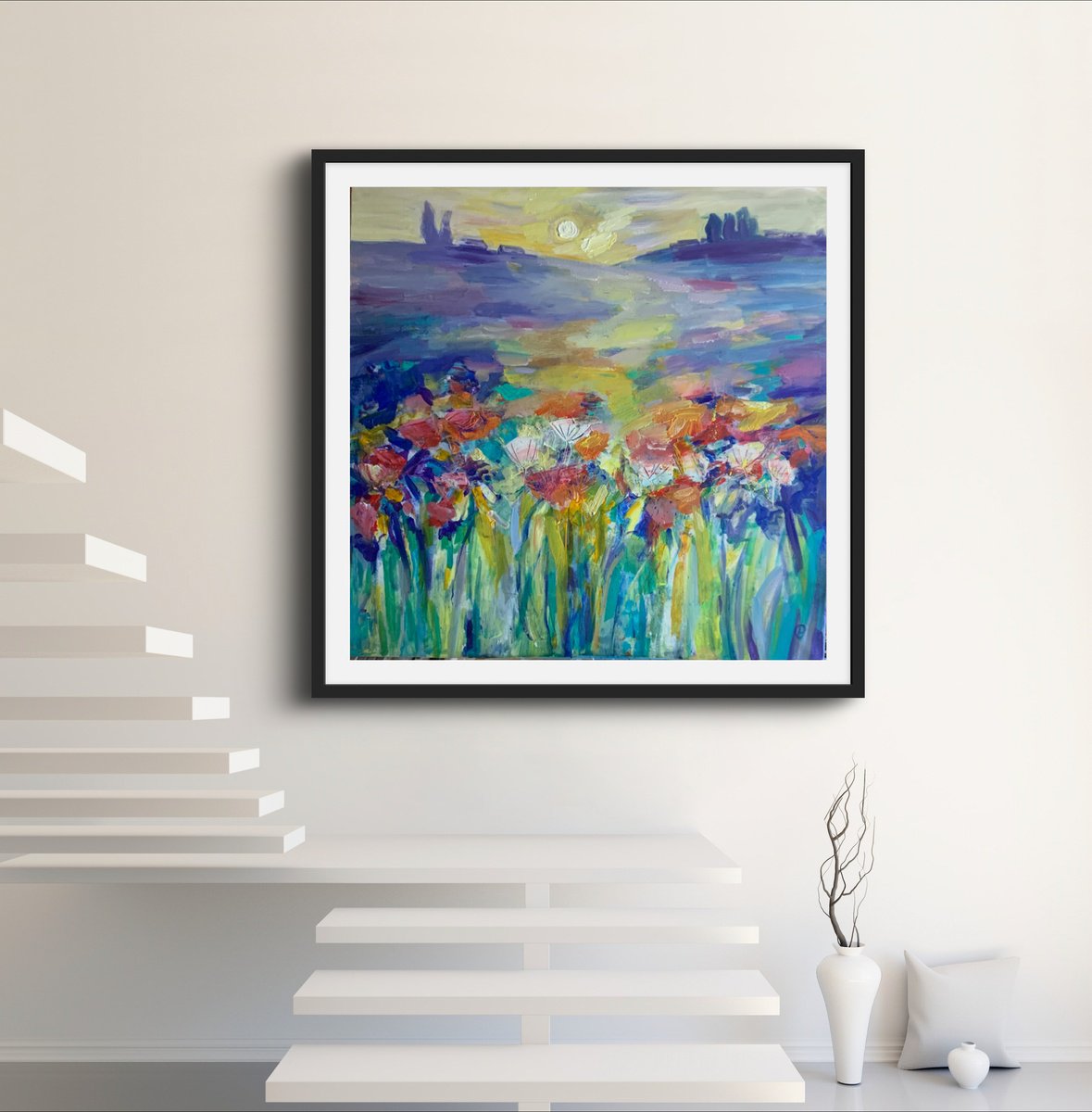 Impressionistic Landscape Acrylic Painting By Olga Pascari, 39 X 39", A Day In The Countryside, Original Artwork