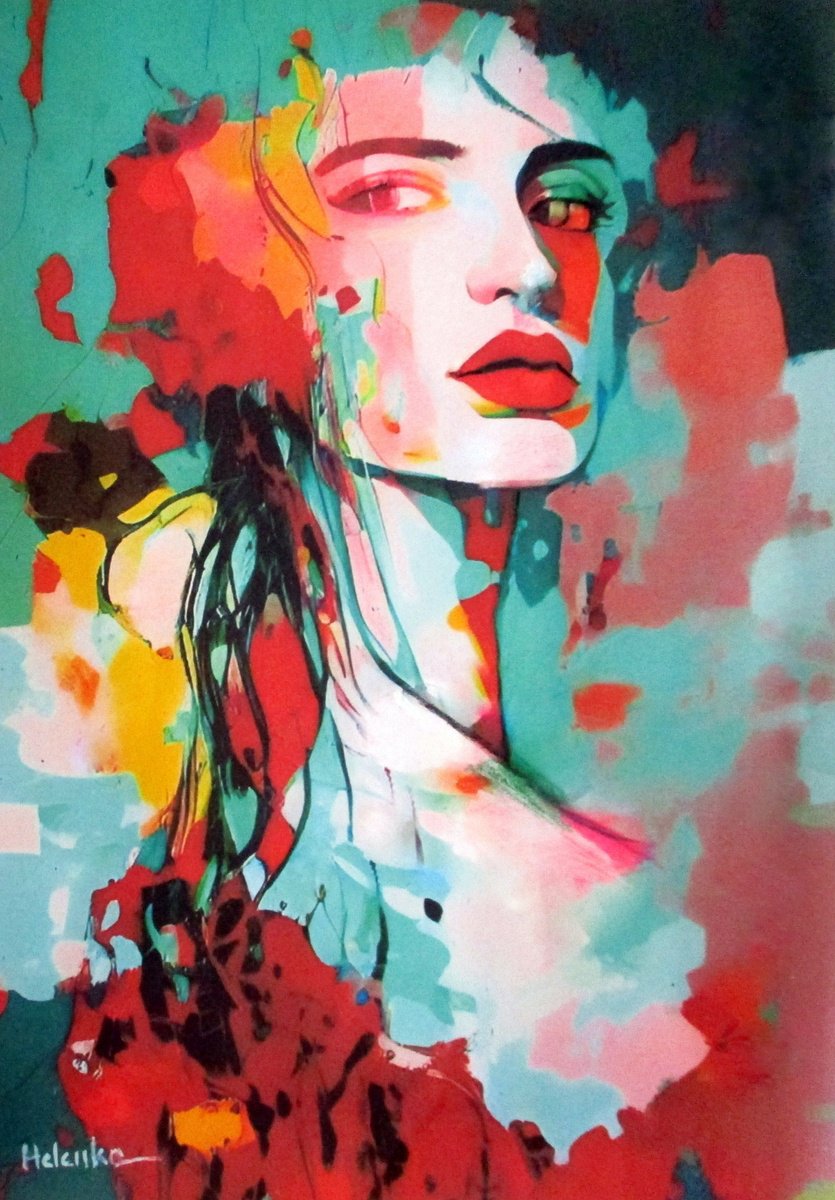 Expressive Portrait Acrylic Painting By Helena Wierzbicki, 18 X 26, Flair, Original Artwork