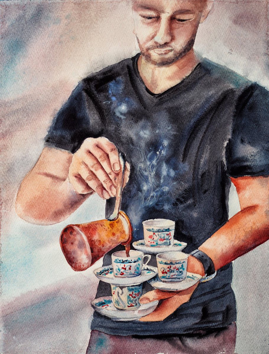 Coffee barista - traditional Turkish coffee serving - original watercolor by Delnara El