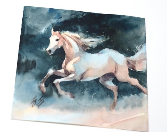Running white horse in watercolor