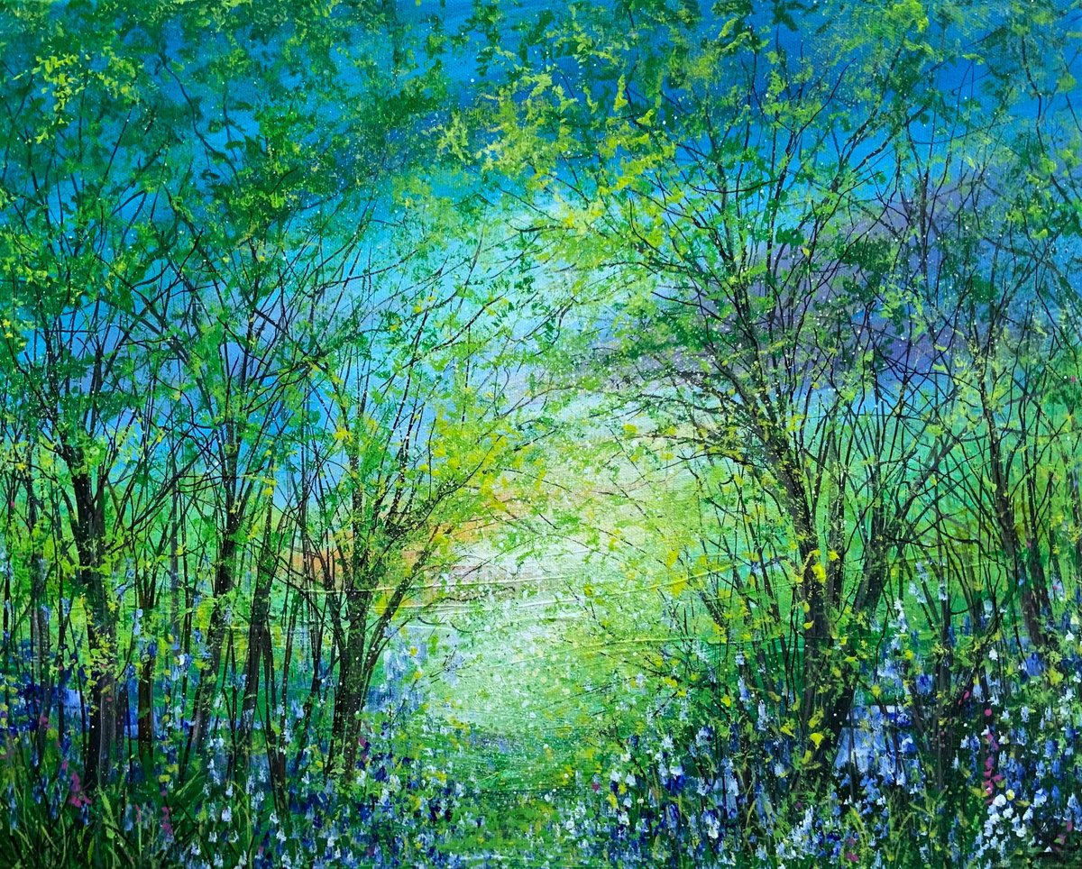 Expressive Botanical Acrylic Painting By Jan Rogers, 20 X 16, Blue Sky Blubells, Original Artwork