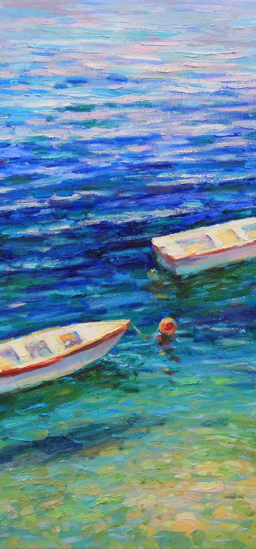 Couple boats at sea water surface by Alisa Onipchenko-Cherniakovska