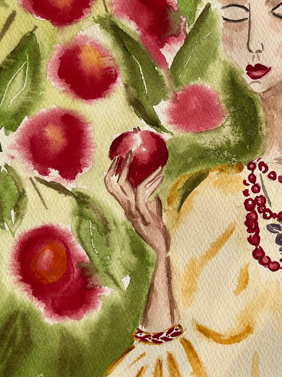 Apple from father's garden - Ukrainian woman original watercolor