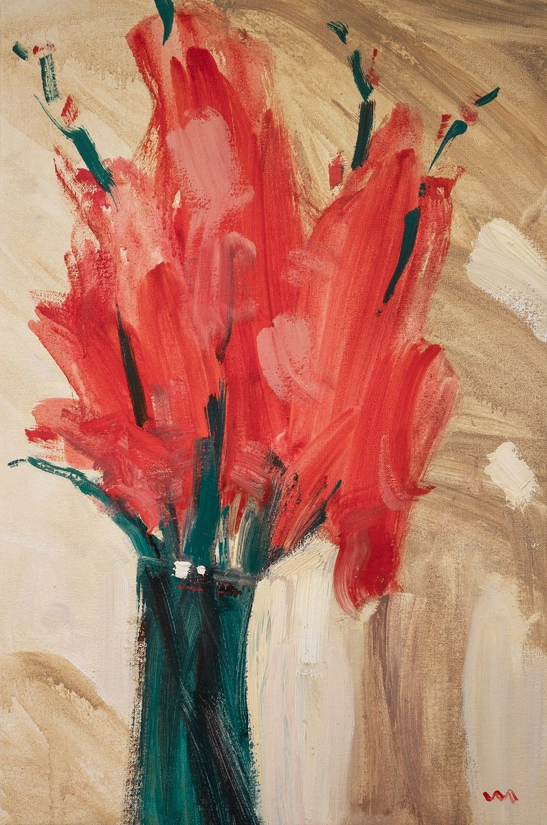 Expressive Botanical Oil Painting By Vasyl Moldavchuk, 16 X 24", Gladiolus / Flowers For Here, Original Artwork