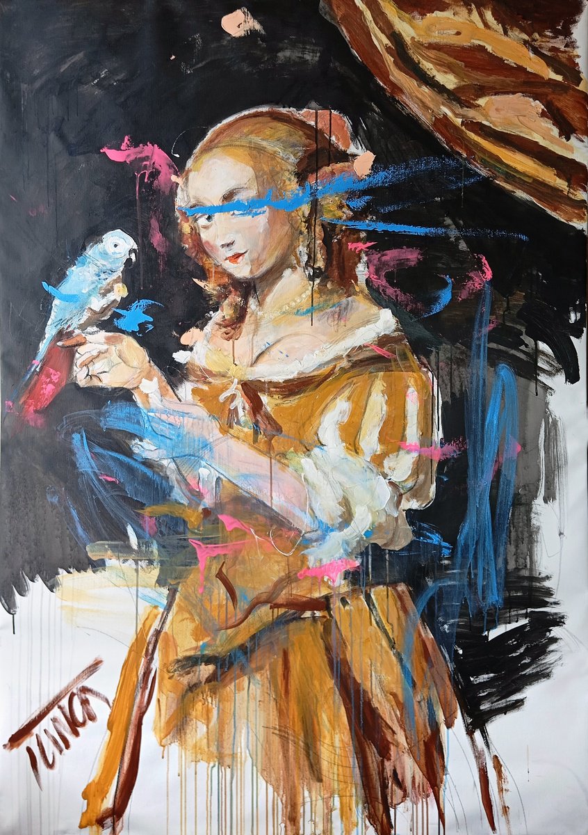 Expressive Portrait Acrylic Painting By Catalin Ilinca, 43 X 61, Young Woman Feeding A Parrot, Original Artwork