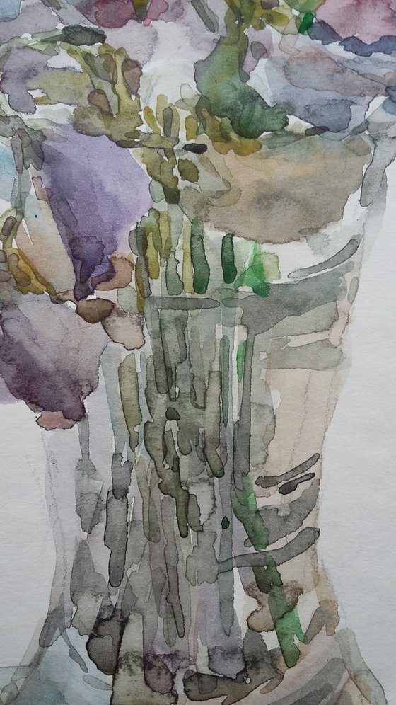 Bouquet of sweet peas in vase. Original watercolour painting.