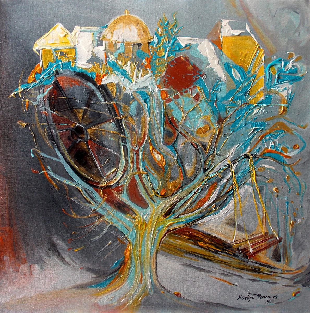 Expressive Landscape Acrylic Painting By Maria Paunova, 24 X 24", Nostalgic Landscape, Original Artwork