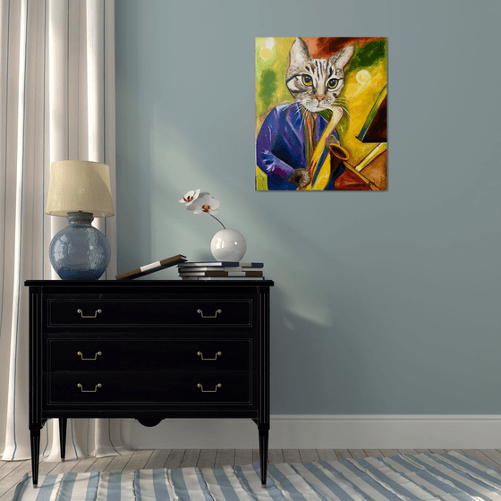 Cat  Saxophonist, musician, feline art for cat lovers