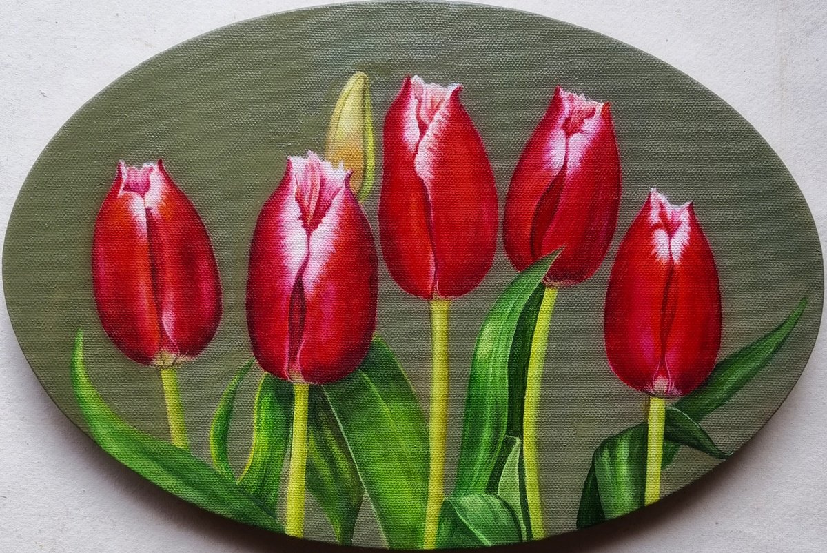Photorealistic Still Life Oil Painting By Priyanka Singh, 12 X 8", Tulip Garden, Original Artwork