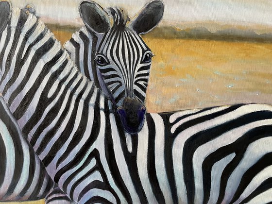 "When zebras are together". Original oil painting. XXL