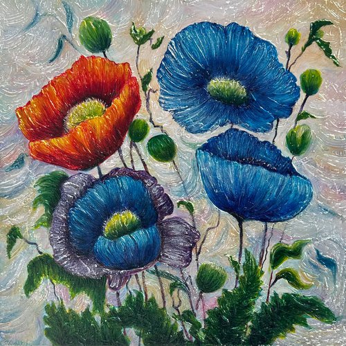 Poppy Dream in Blue and Red by Lena Owens - OLena Art