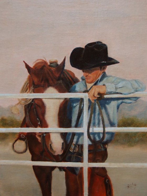 At the End of the Day, 9 X 12" cowboy and horse oil painting, ready to hang