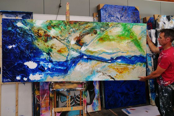 Natures Essence 240cm x 100cm Blue Cream Green Abstract Art