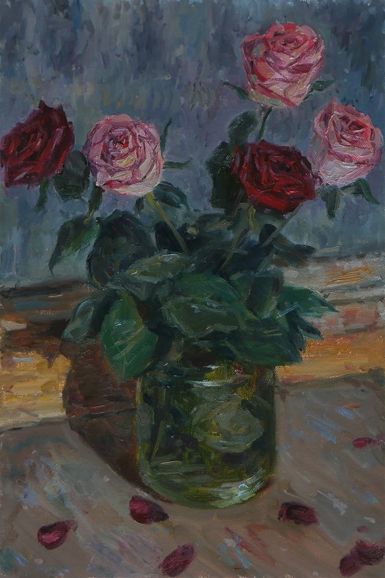 Roses In the Jar Near The Night Window. Original Floral Still Life. Oil Painting