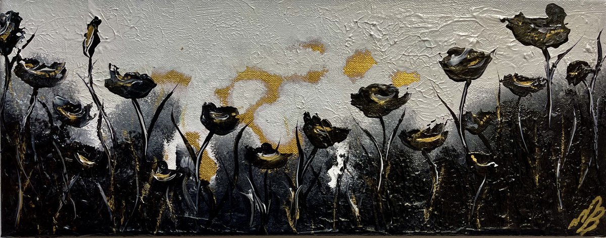 Black and Gold Abstract Poppies. by Marja Brown