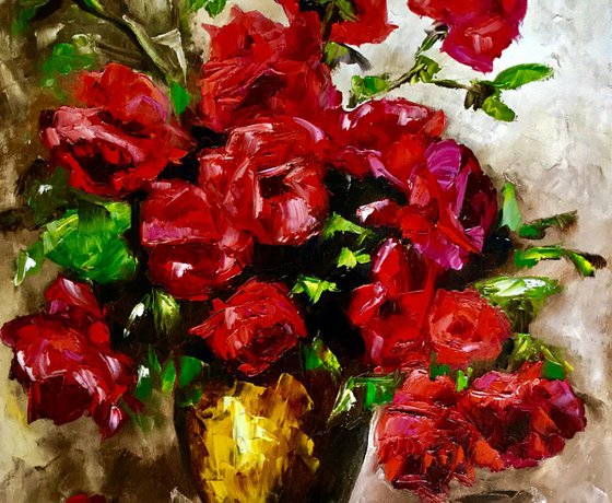 BOUQUET OF RED ROSES  palette knife still life  flowers Dutch style  office home decor gift