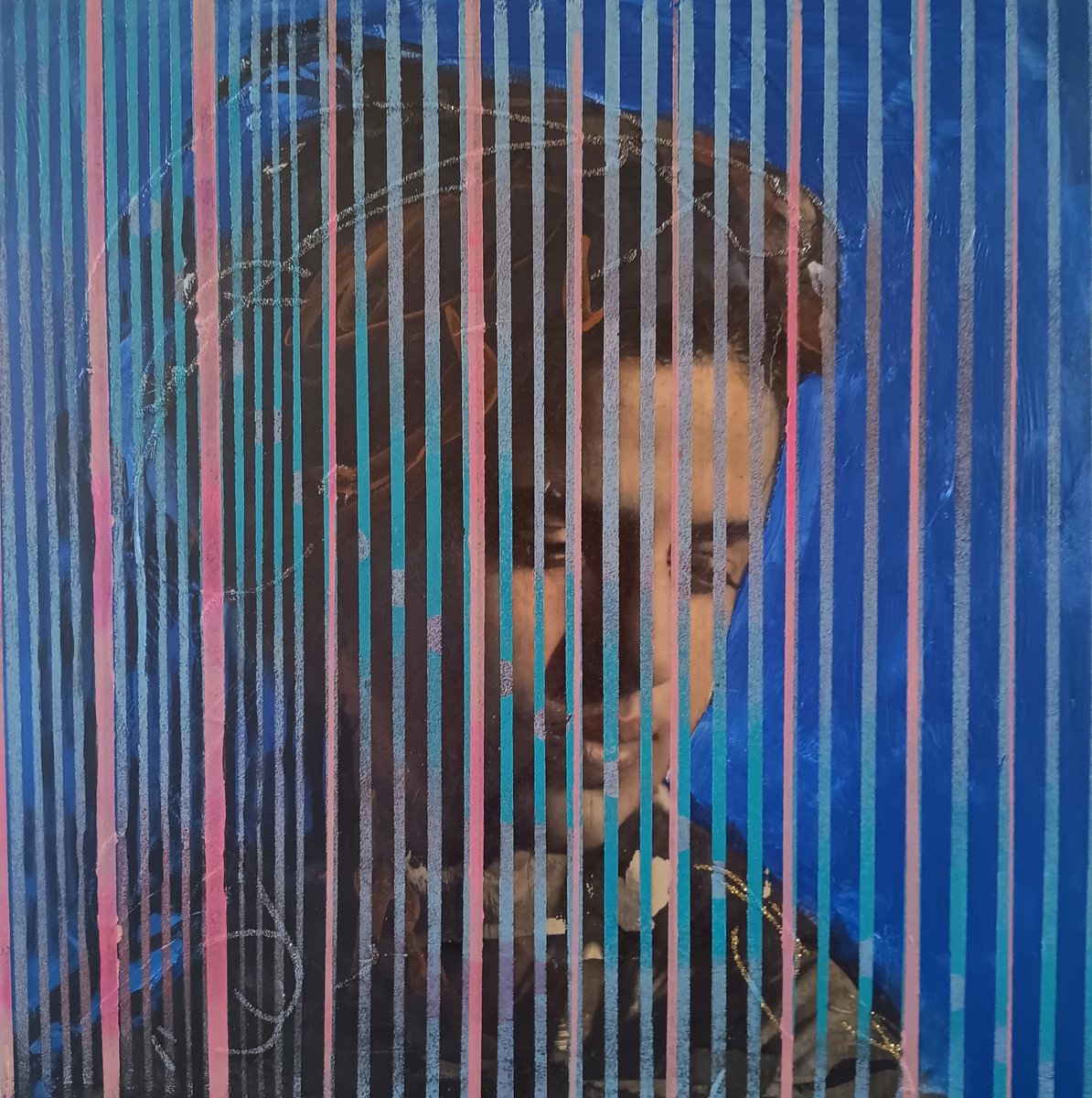 Expressive Portrait Acrylic Painting By Marina Del Pozo, 12 X 12", Blue Portrait, Original Artwork