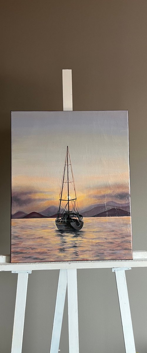 "Peace" - sailboat at sunset seascape by Valentina Ash