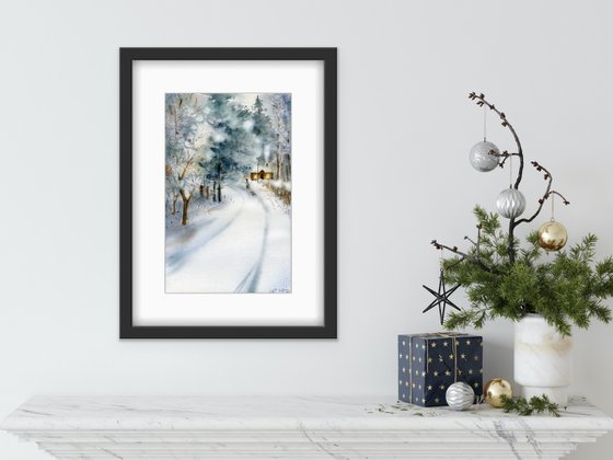 Winter's Tale. Winter village landscape with the road home. Watercolor artwork.